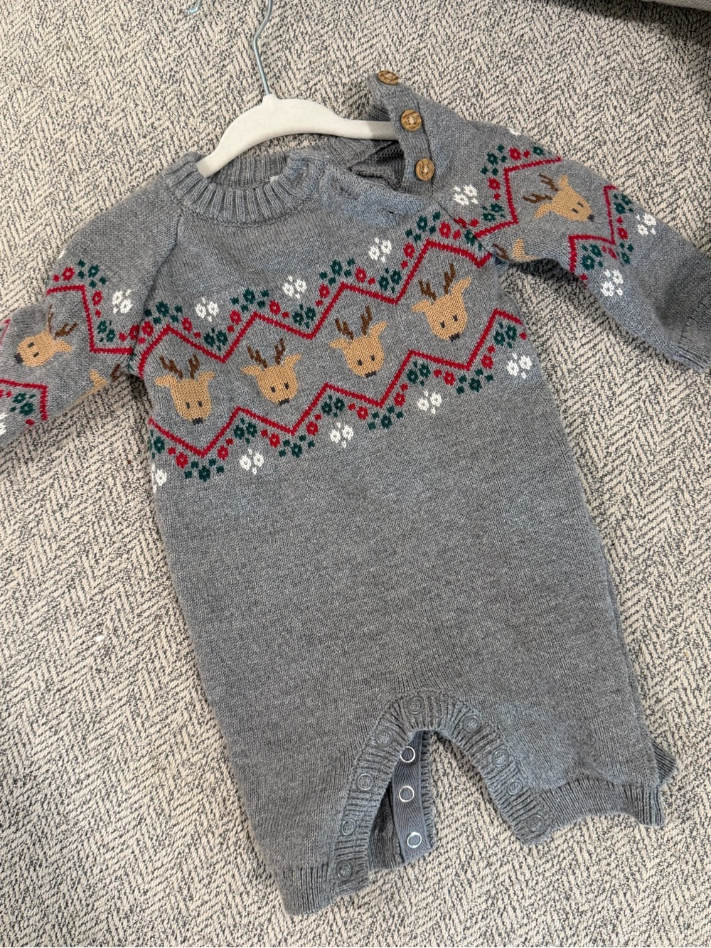 Carter's Fair Isle Reindeer Knit Romper Gray & Red Baby 3M